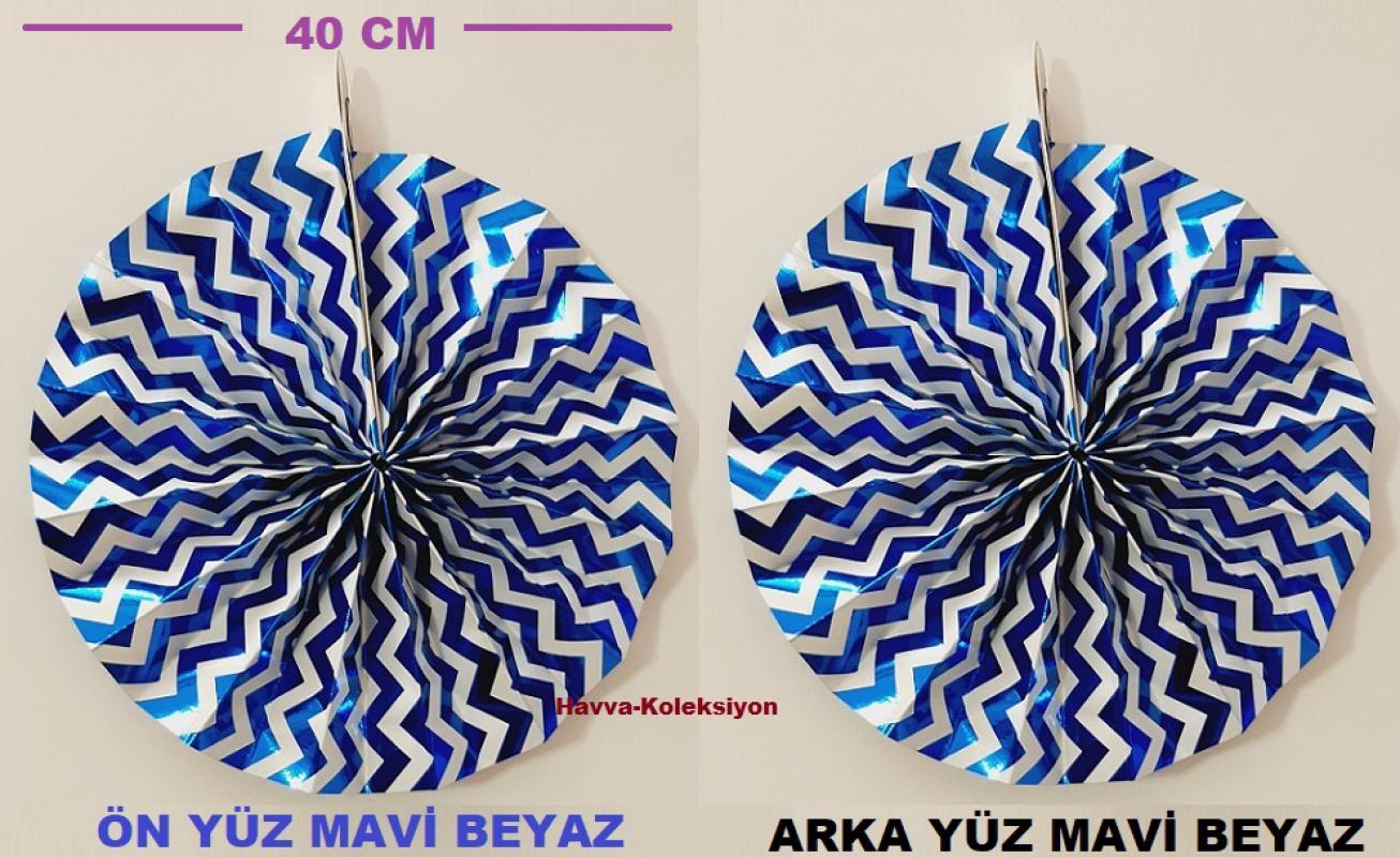 Metalik Mavi Beyaz 40 Cm Yelpaze Süs 2 Adet Doğum Günü Parti , Nişan , Düğün Kutlama Aksesuar 